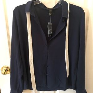 Navy Blouse with white bow- size L